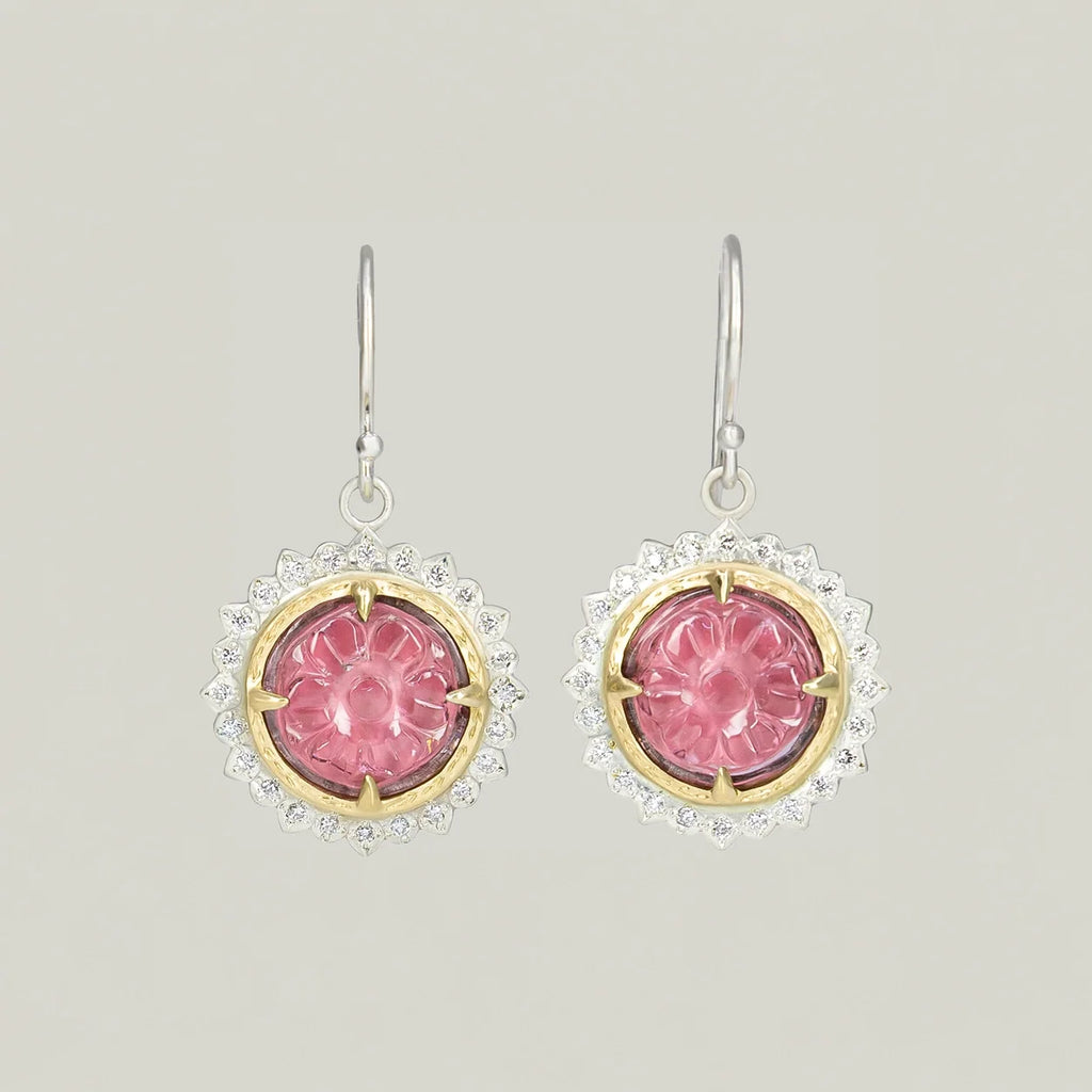 Runde geschnitzte rosa Tourmalin Ohrringe