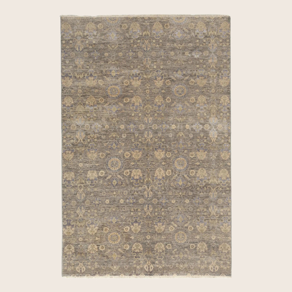 Grauer traditioneller Indo Ikat Teppich aus Wolle und Kunstseide - 6' x 9'3'