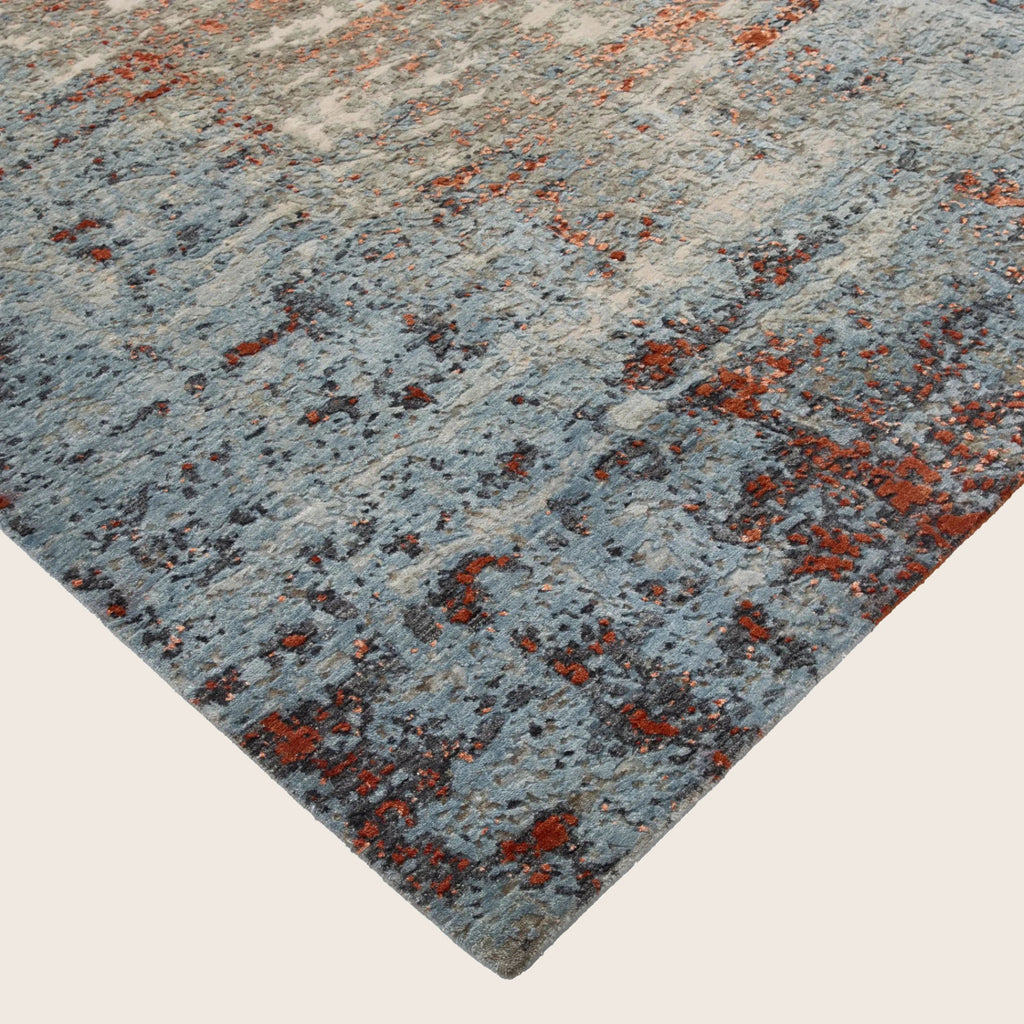 Blau Orange Contemporary Indo Ikat Teppich aus Wolle und Kunstseide - 9'1' x 12'3'