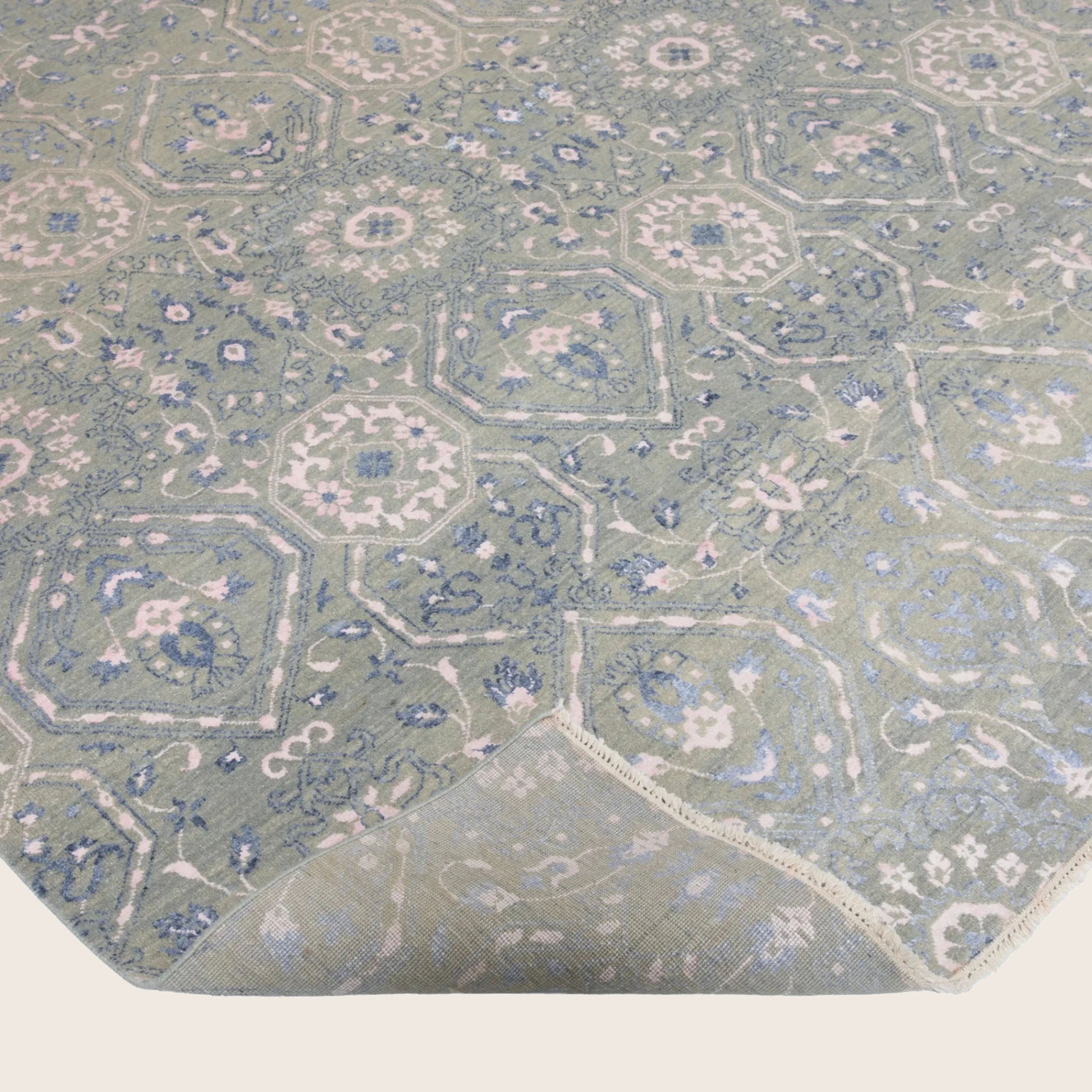 Graublauer Übergangs-Indo-Ikat-Wolle-Kunst-Seidenblende-Teppich - 9'2' x 12'1''