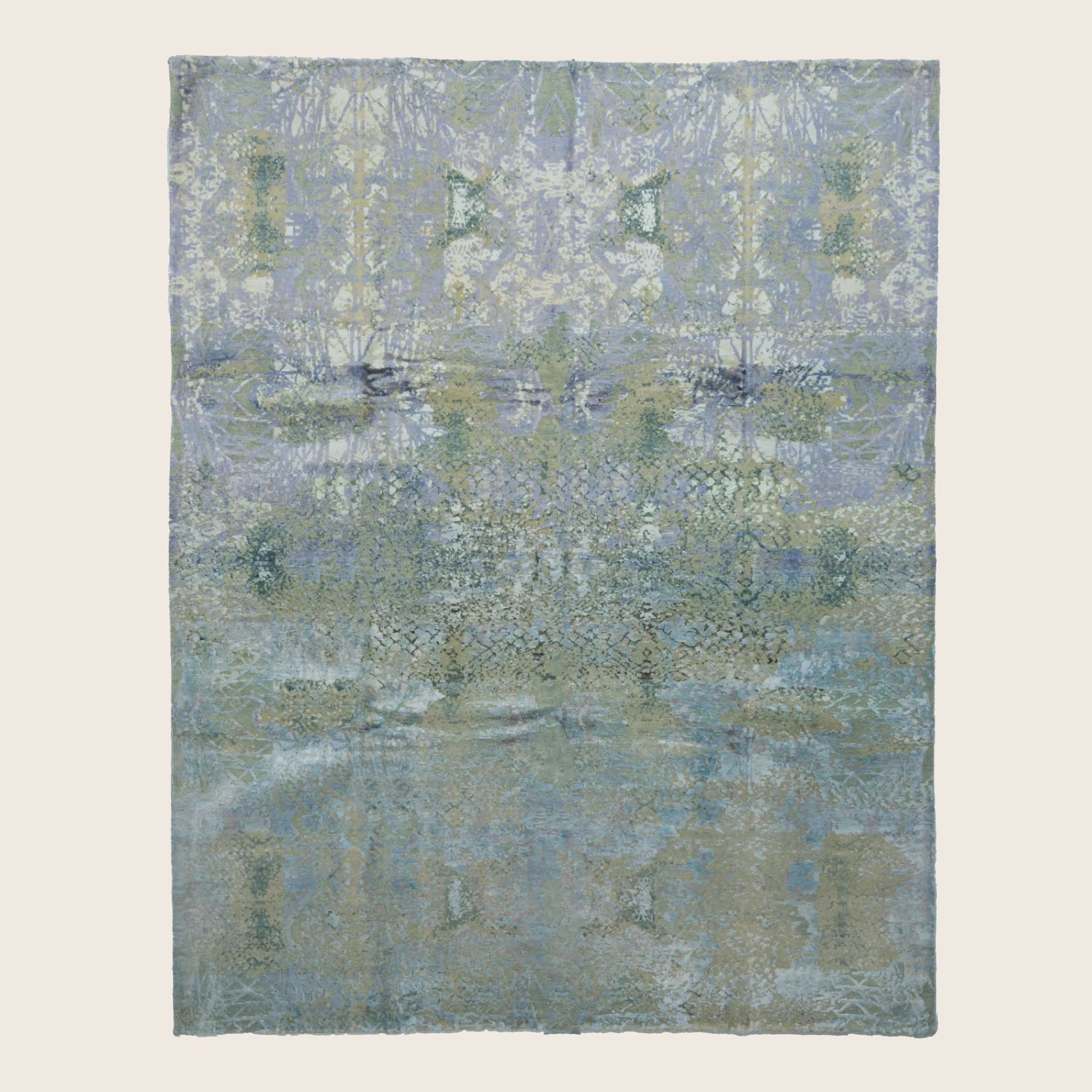 Blaugrüner Übergangs-Indo Ikat Teppich aus Wolle und Kunstseide - 8' x 10'2'