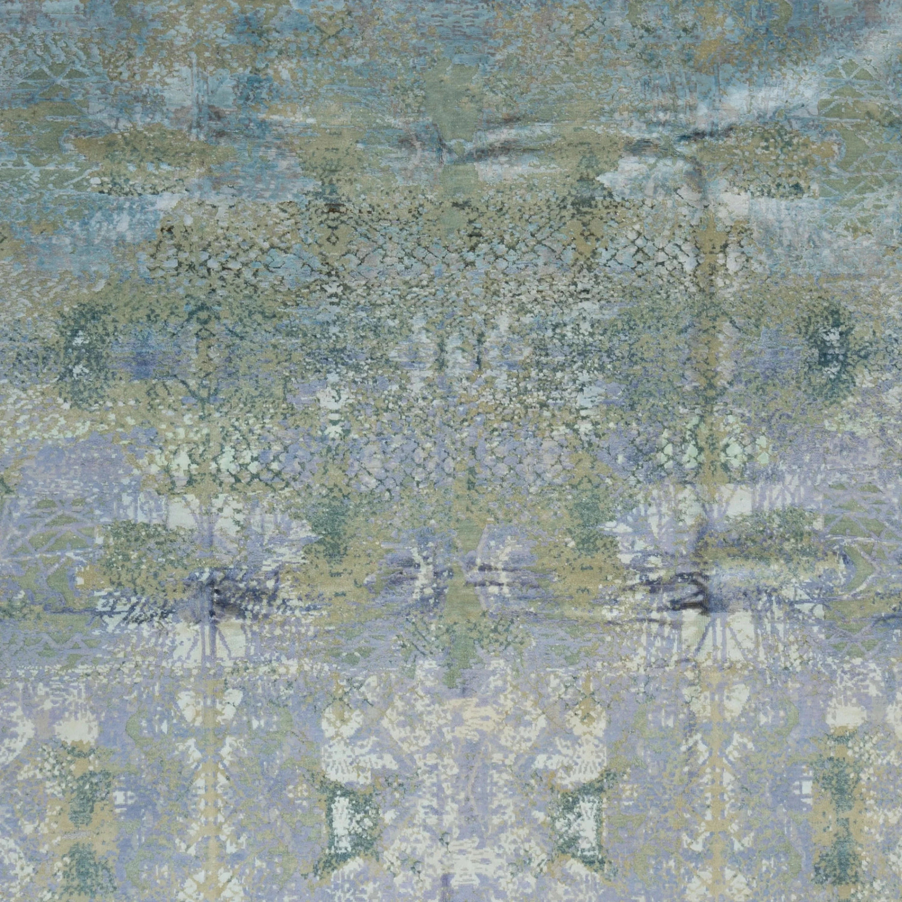 Blaugrüner Übergangs-Indo Ikat Teppich aus Wolle und Kunstseide - 8' x 10'2'
