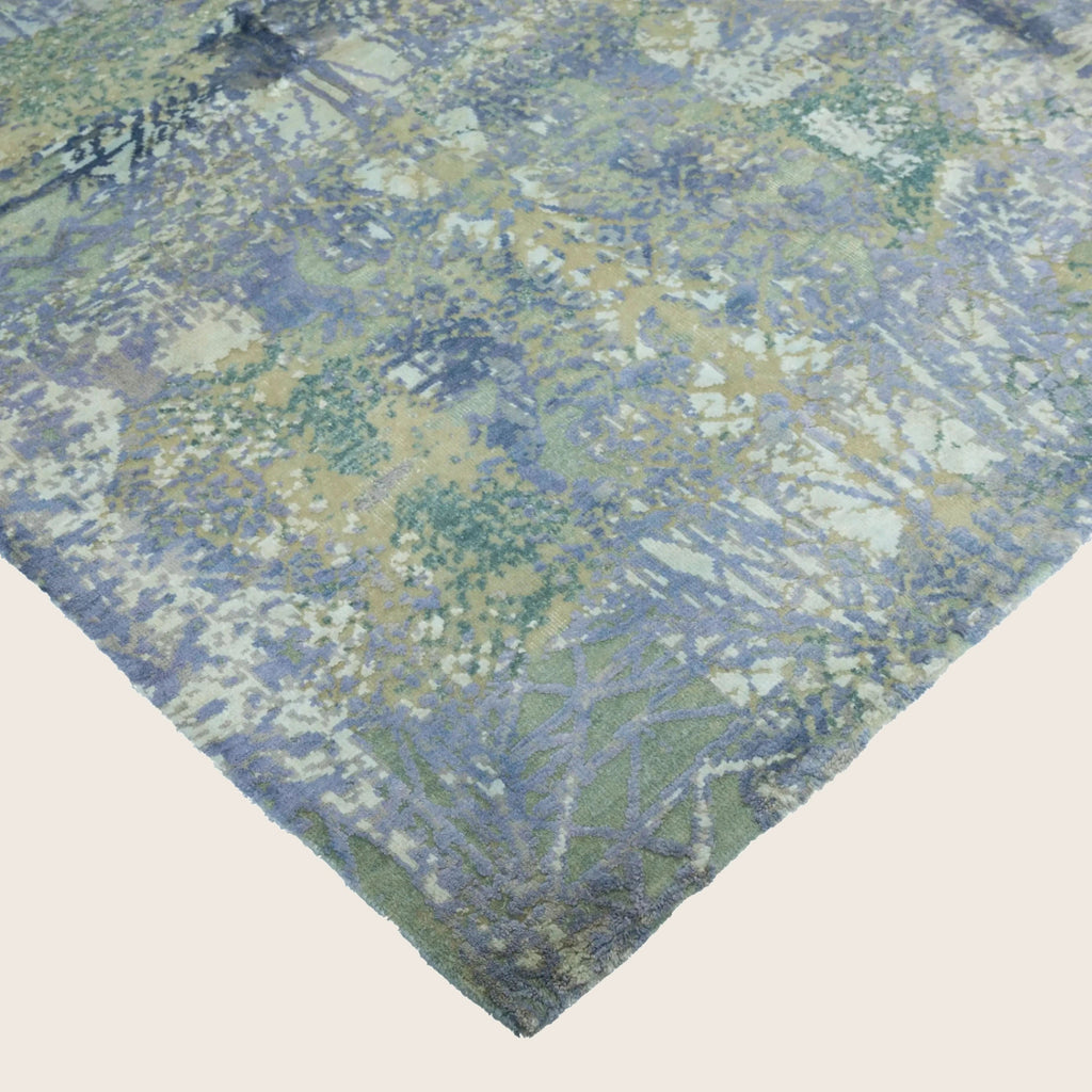 Blaugrüner Übergangs-Indo Ikat Teppich aus Wolle und Kunstseide - 8' x 10'2'