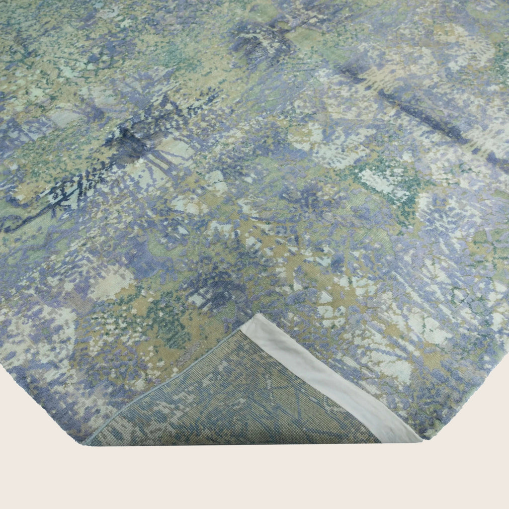 Blaugrüner Übergangs-Indo Ikat Teppich aus Wolle und Kunstseide - 8' x 10'2'