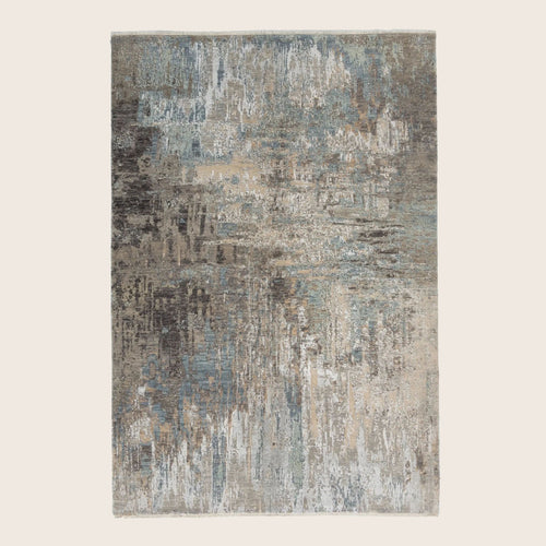 Blau Grau Zeitgenössischer Indo Ikat Teppich aus Wolle und Kunstseide - 6'2' x 9''