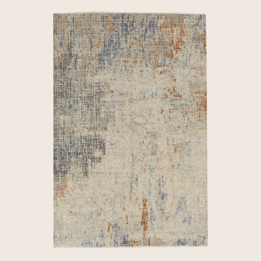 Beige Multi Contemporary Indo Ikat Teppich aus Wolle und Kunstseide - 6'1' x 9'4'