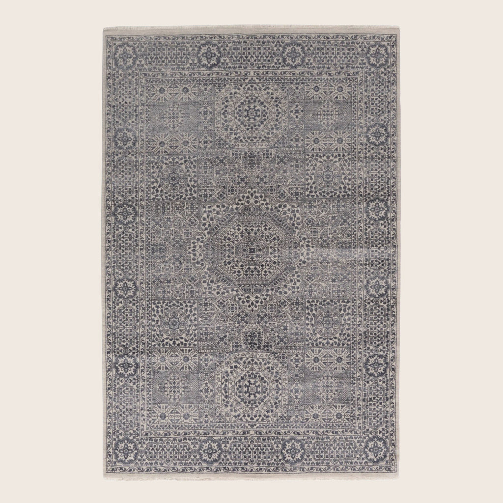 Grauer traditioneller Indo Ikat Teppich aus Wolle und Kunstseide - 6'1' x 9'2'