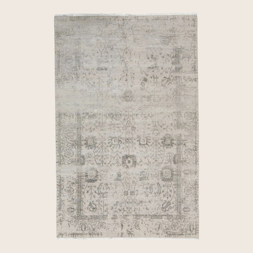 Creme Traditionelle Indo Ikat Wolle Seidenmischung Teppich - 6'1' x 9'3'