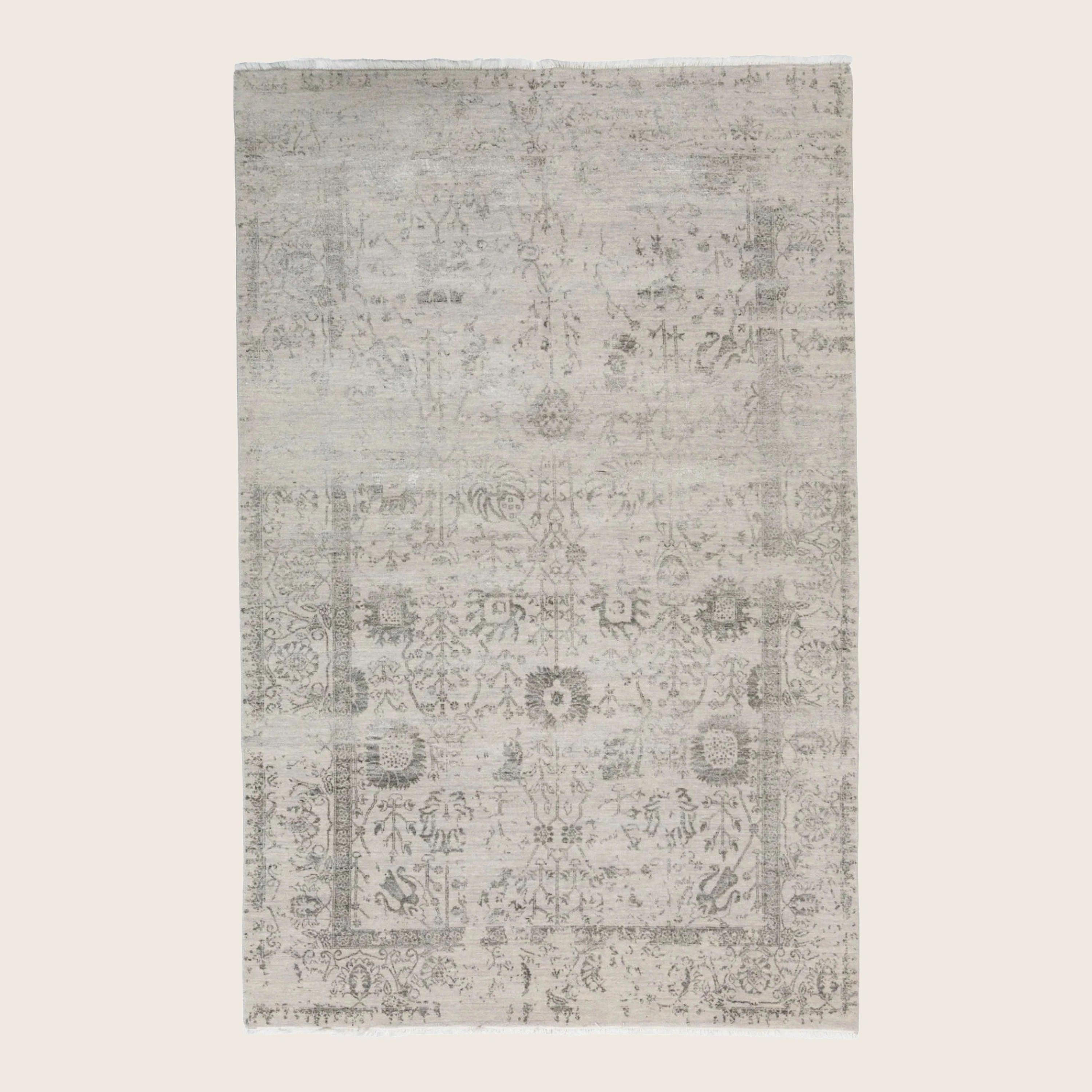 Creme Traditionelle Indo Ikat Wolle Seidenmischung Teppich - 6'1' x 9'3'