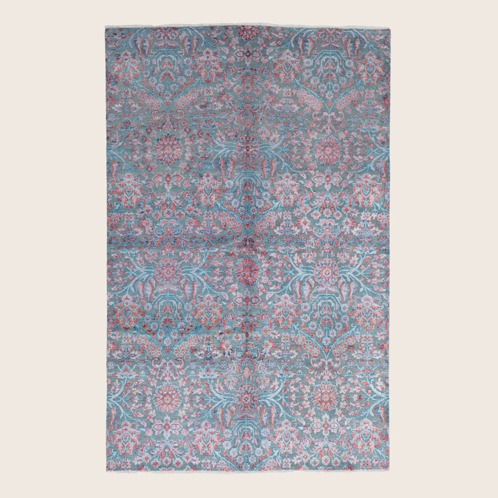 Blau Rosa Übergangs Indo Ikat Teppich aus Wolle und Kunstseide - 6' x 9'3'