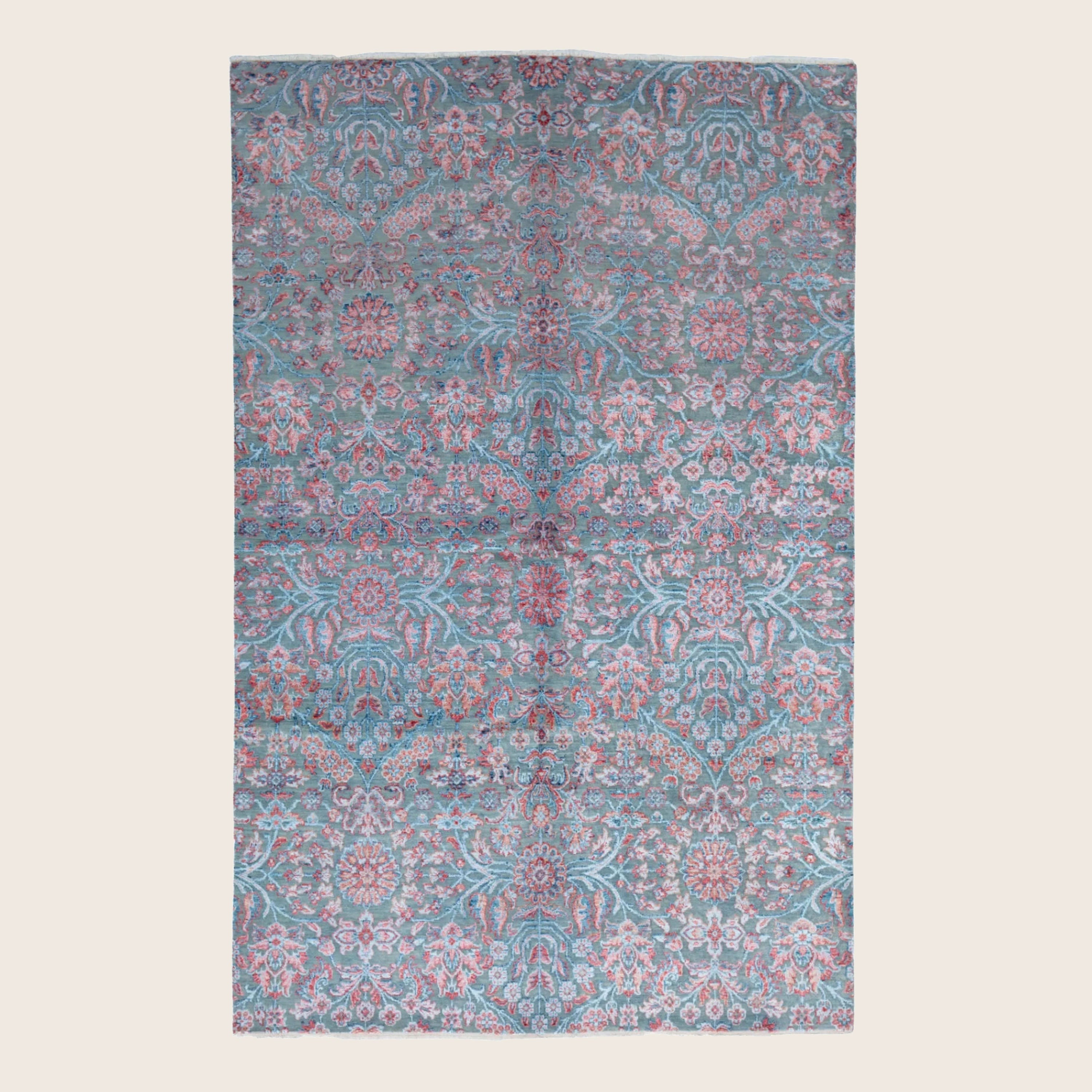 Blau Rosa Übergangs Indo Ikat Teppich aus Wolle und Kunstseide - 6' x 9'3'