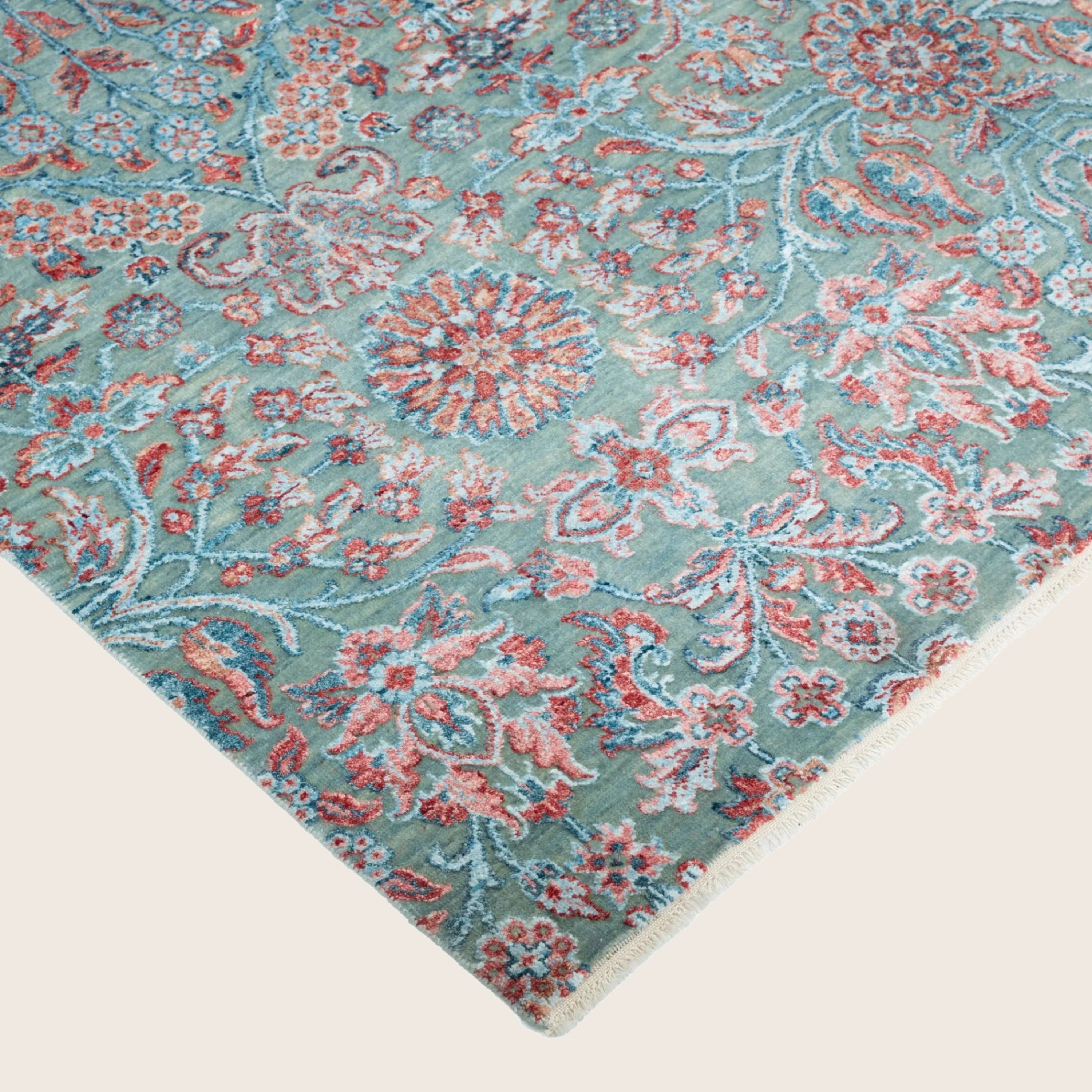 Blau Rosa Übergangs Indo Ikat Teppich aus Wolle und Kunstseide - 6' x 9'3'