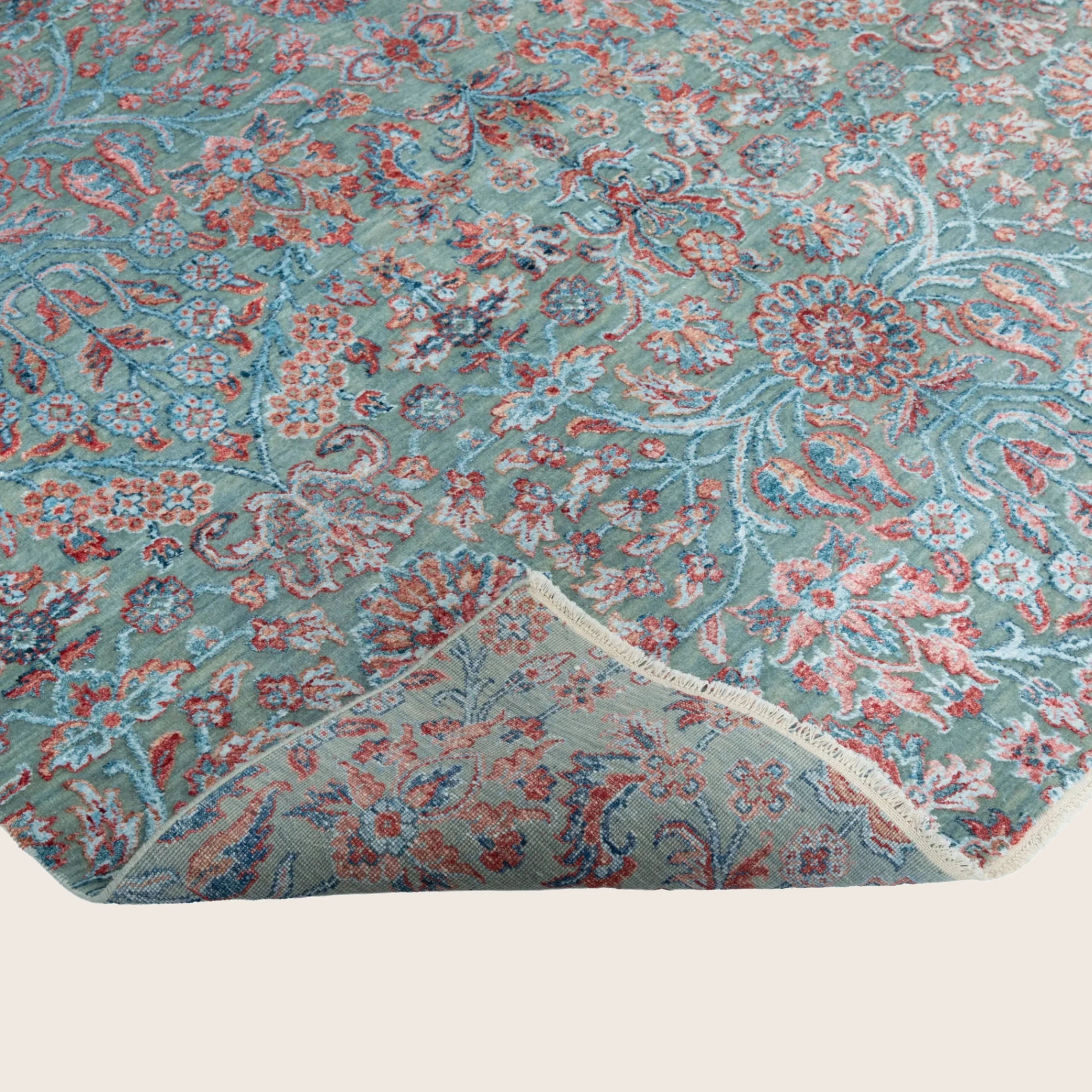 Blau Rosa Übergangs Indo Ikat Teppich aus Wolle und Kunstseide - 6' x 9'3'
