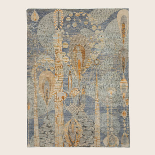 Blaue Übergangs Indo Ikat Teppich aus Wolle und Kunstseide - 9' x 12'
