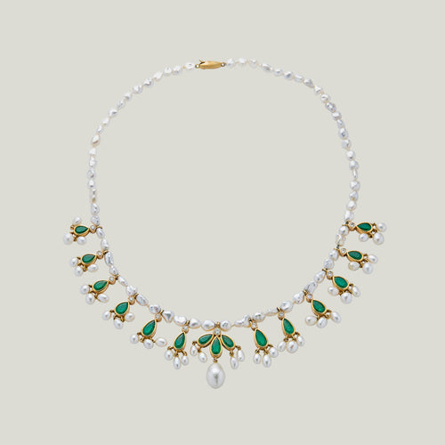 18K Gelbgold Perle, Smaragd, Diamant Swag Halskette
