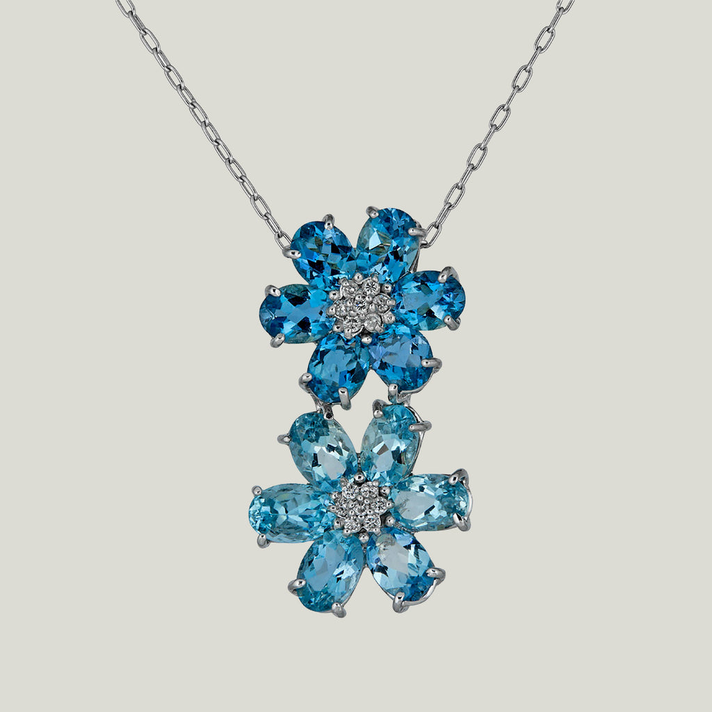 18K Weißgold-Aquamarin und Diamant-Doppelblumen-Anhänger