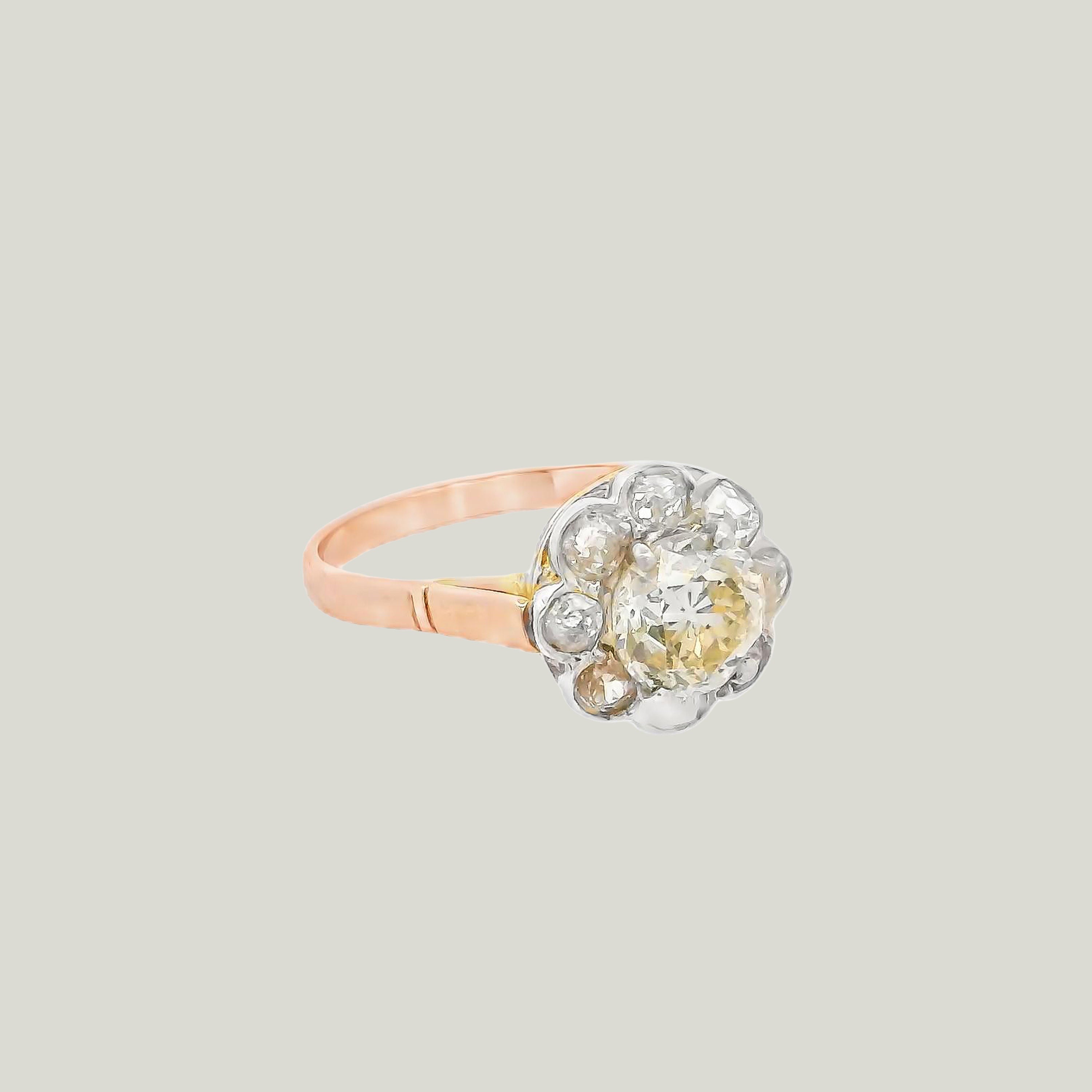 Antike 14K Weiß und Gelbgold 1,30 ct. Diamant-Verlobungsring