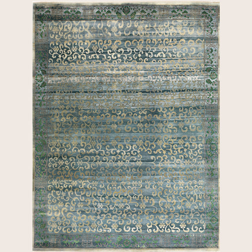 Blaue Alchemie Traditioneller Seidenwollteppich - 7'7' x 10'1''